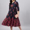 WineRed Blue Printed Tiered Dress with Button at Yoke