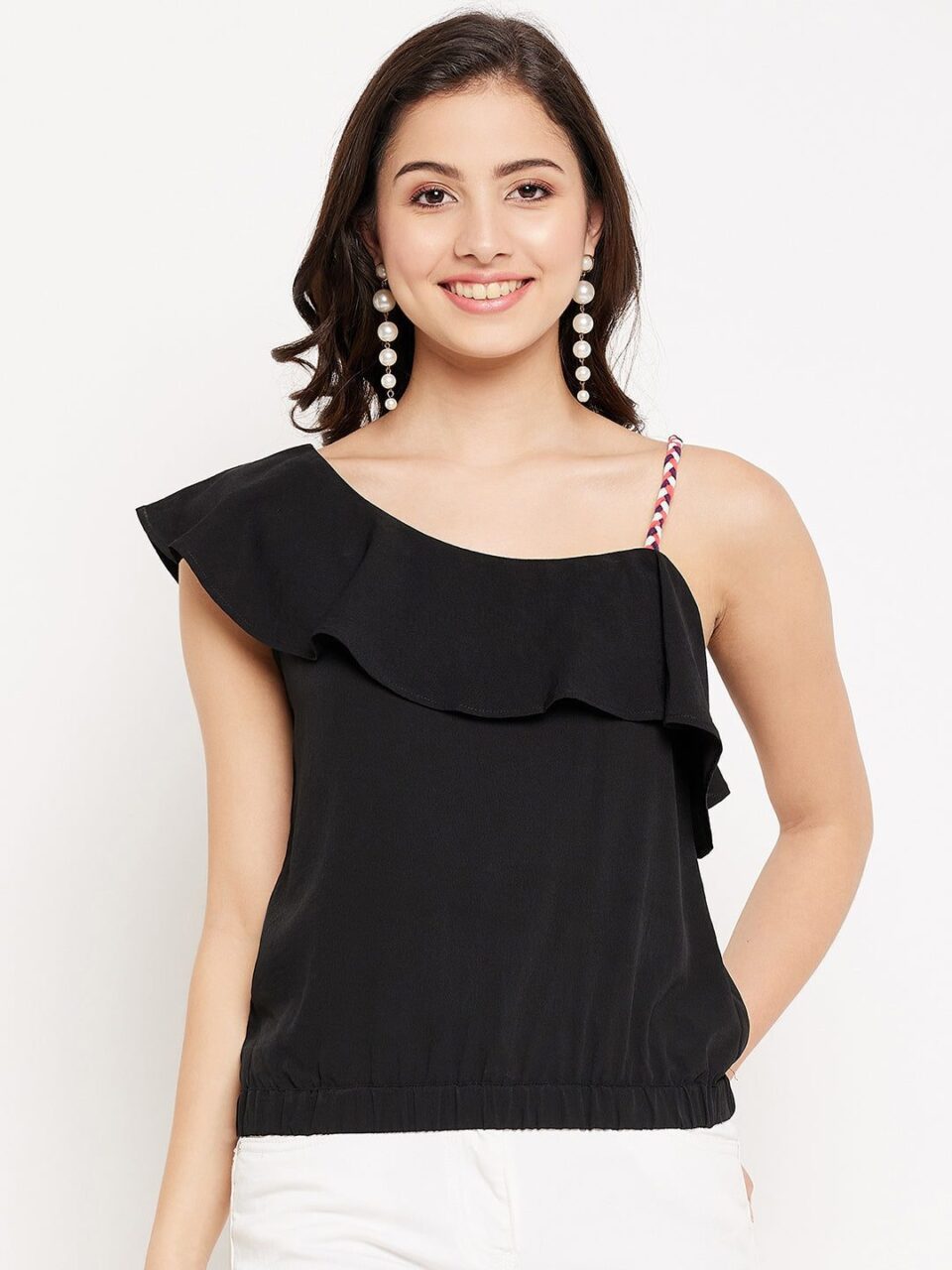 Black Ruffle Neck Top with Coloured Strap