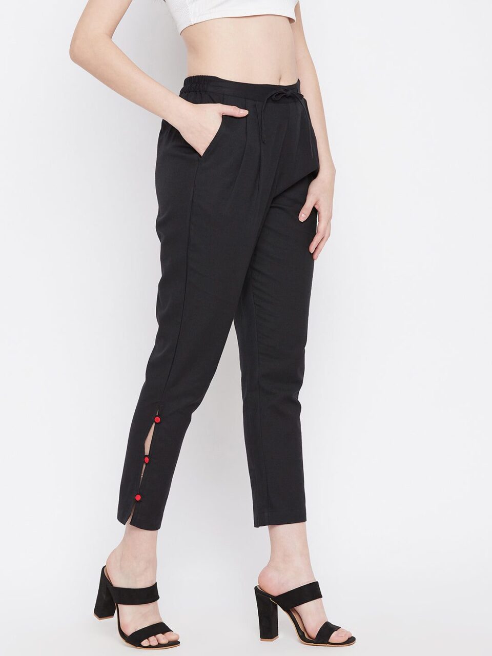 Black Regular Fit Solid Cotton Casual Trouser