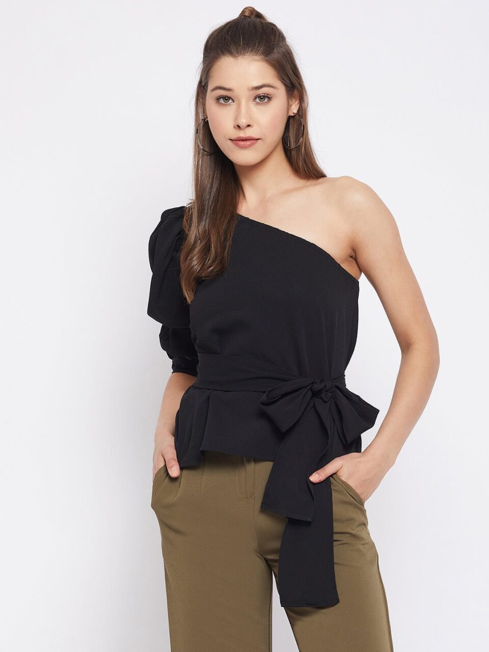 Black Solid Polyester Asymmetric Top