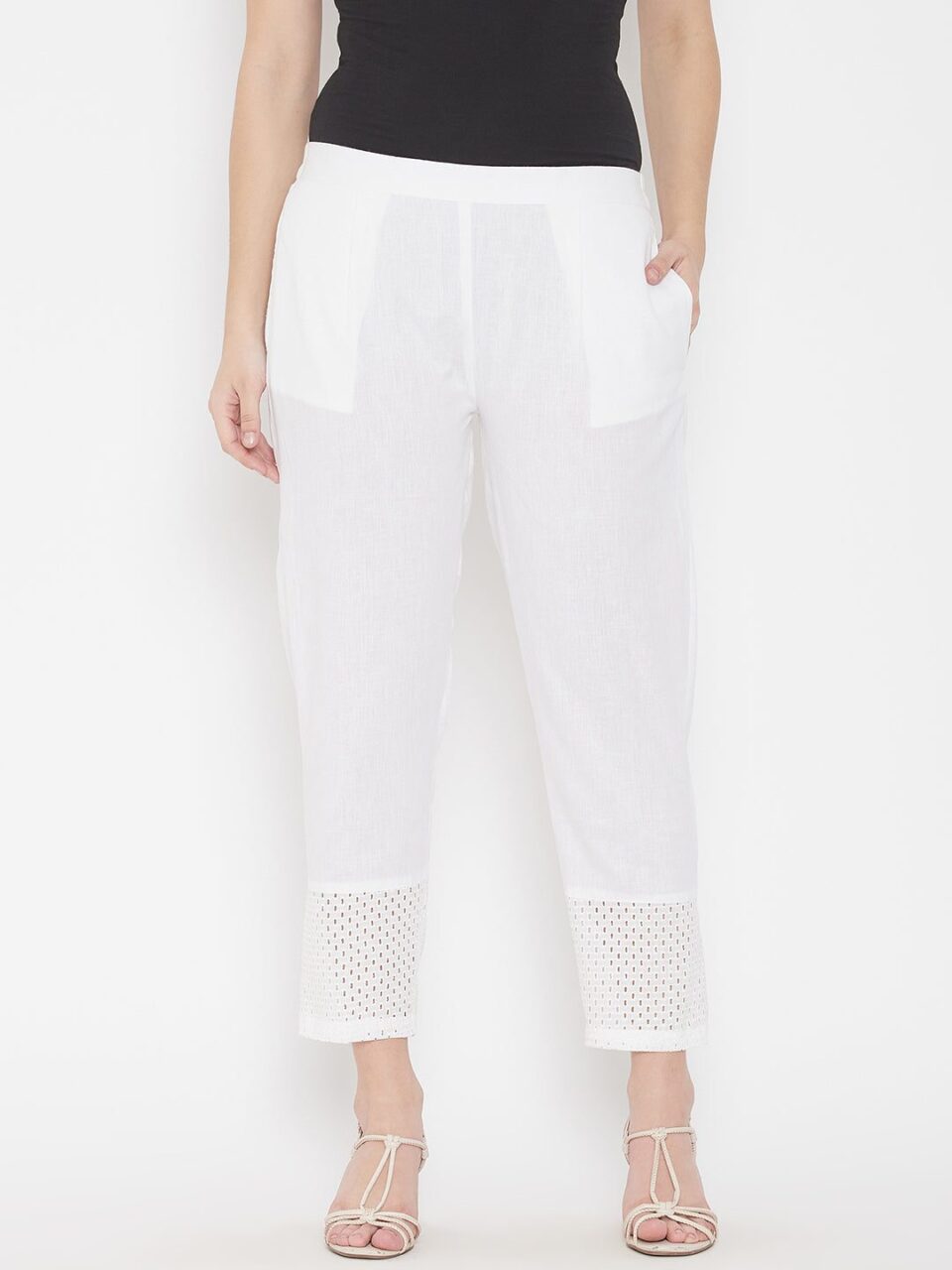 White Regular Fit Cotton Solid Trouser
