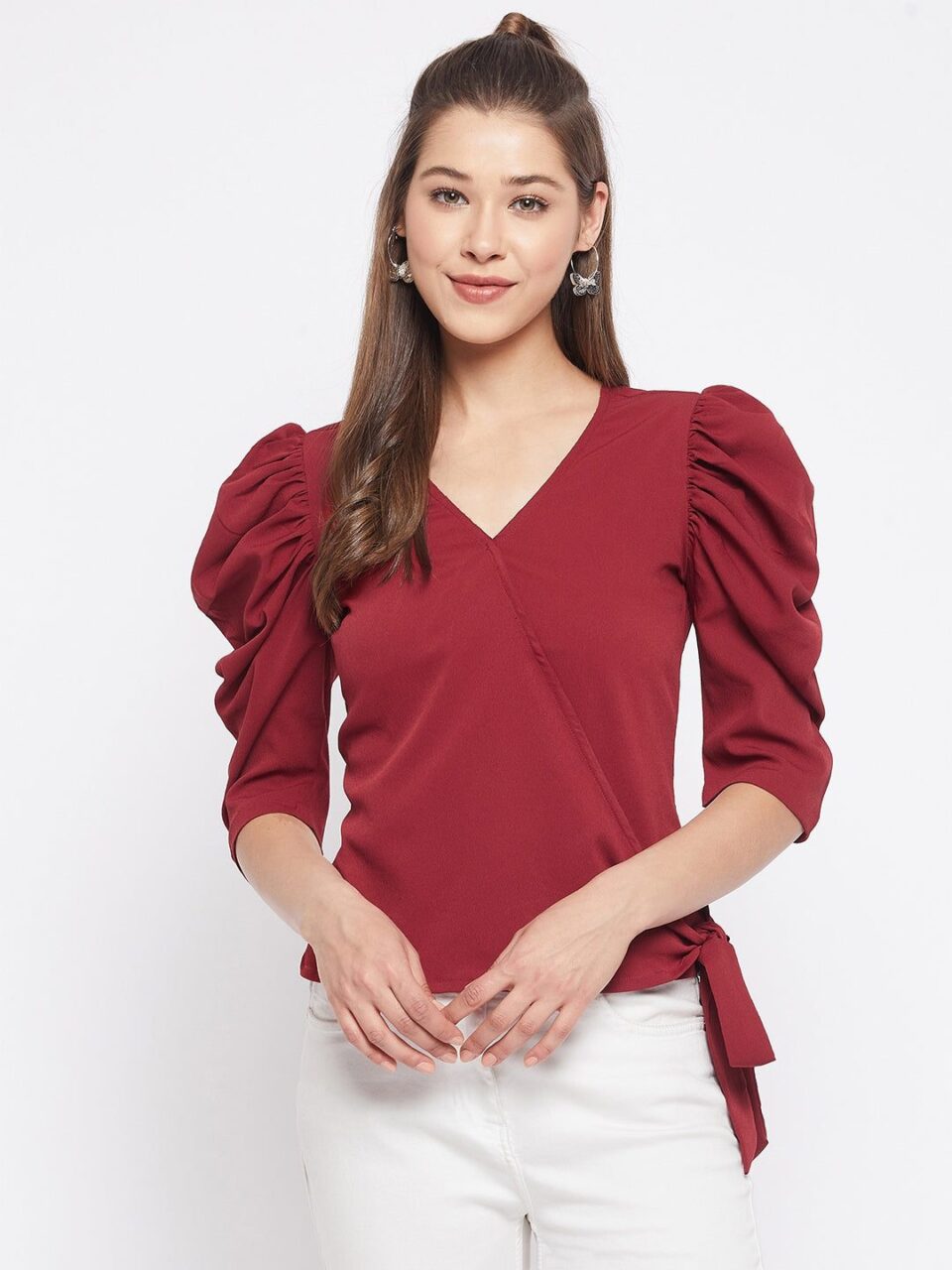 Maroon Solid Polyester Wrap Top