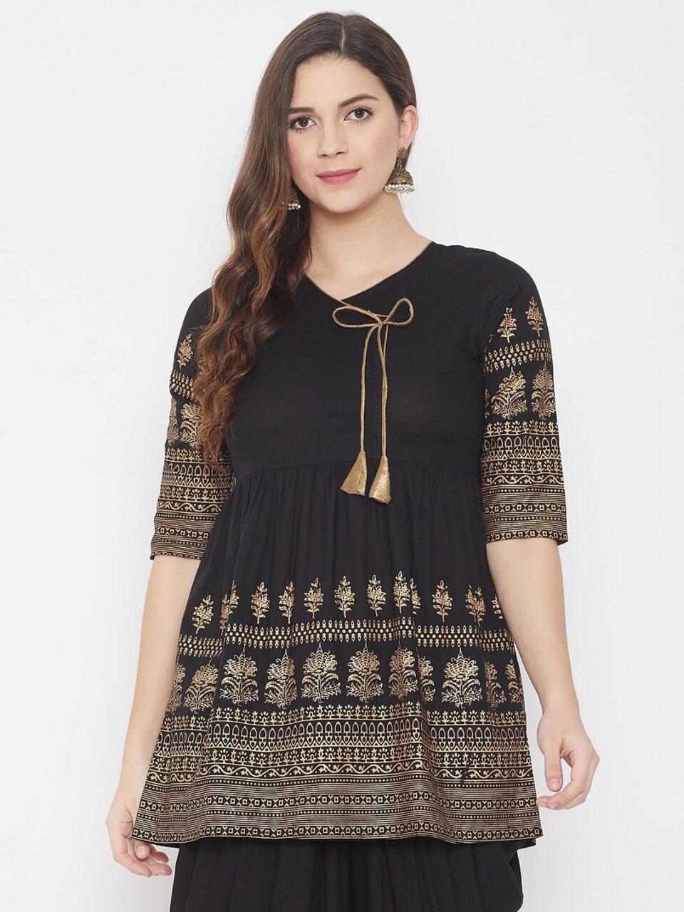 Black Flared Cotton Printed Top