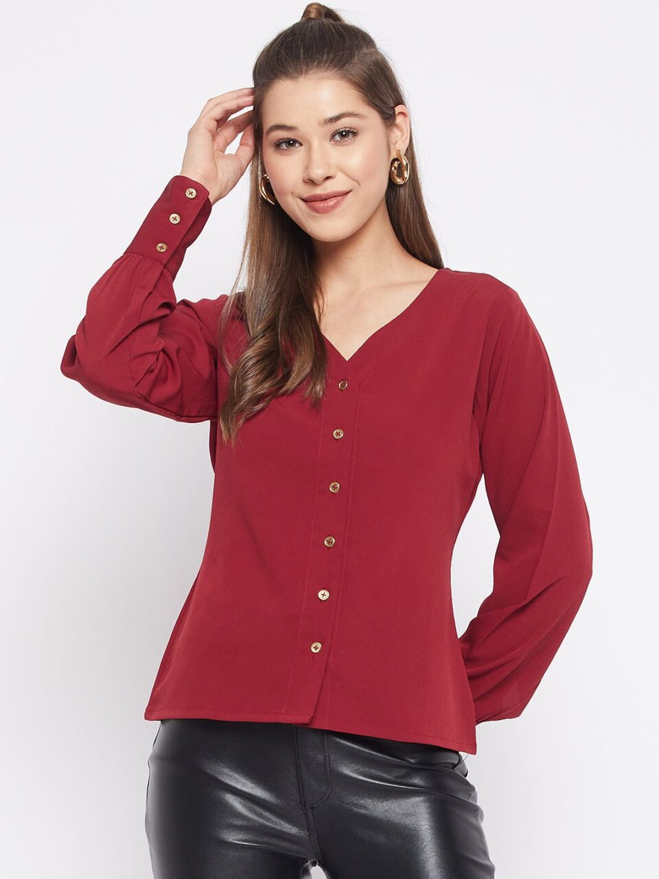 Maroon Solid Polyester Shirt Style Top