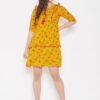Winered Yellow a Line Rayon Floral Print Dress