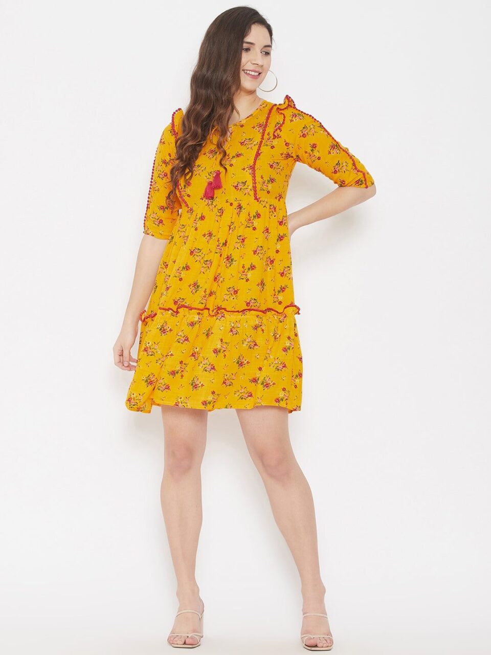 Yellow A Line Rayon Floral Print Dress