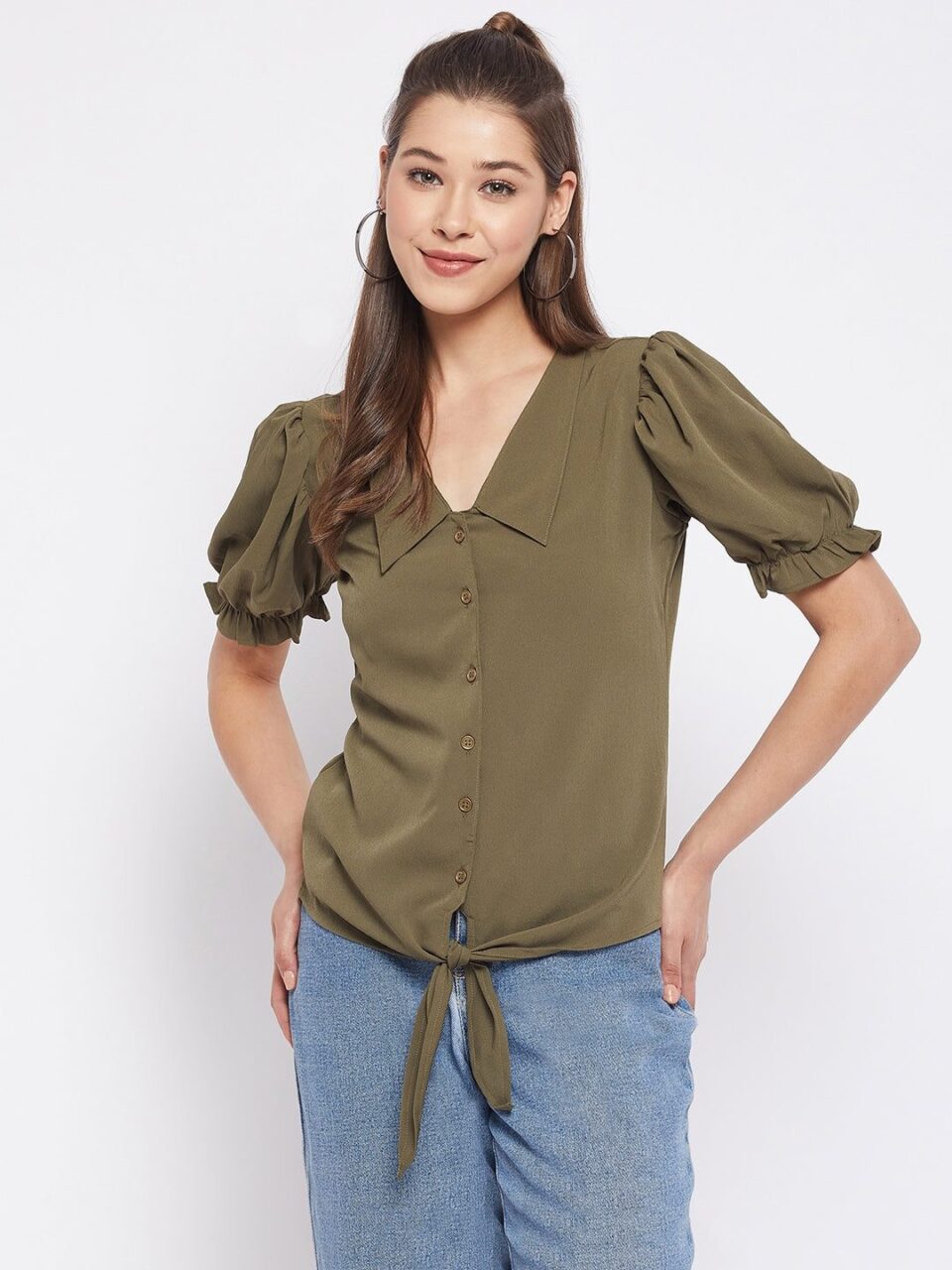 Dark Green Solid Polyester Shirt Style Top
