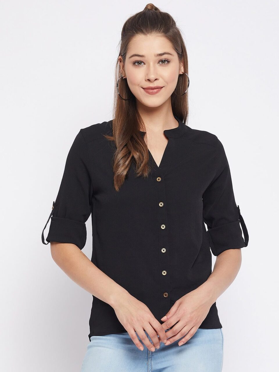 Black Solid Polyester Shirt Style Top