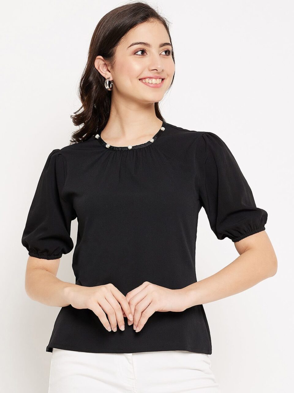 Pearl Neck Top - Stylish Black Western Cotton Short Top