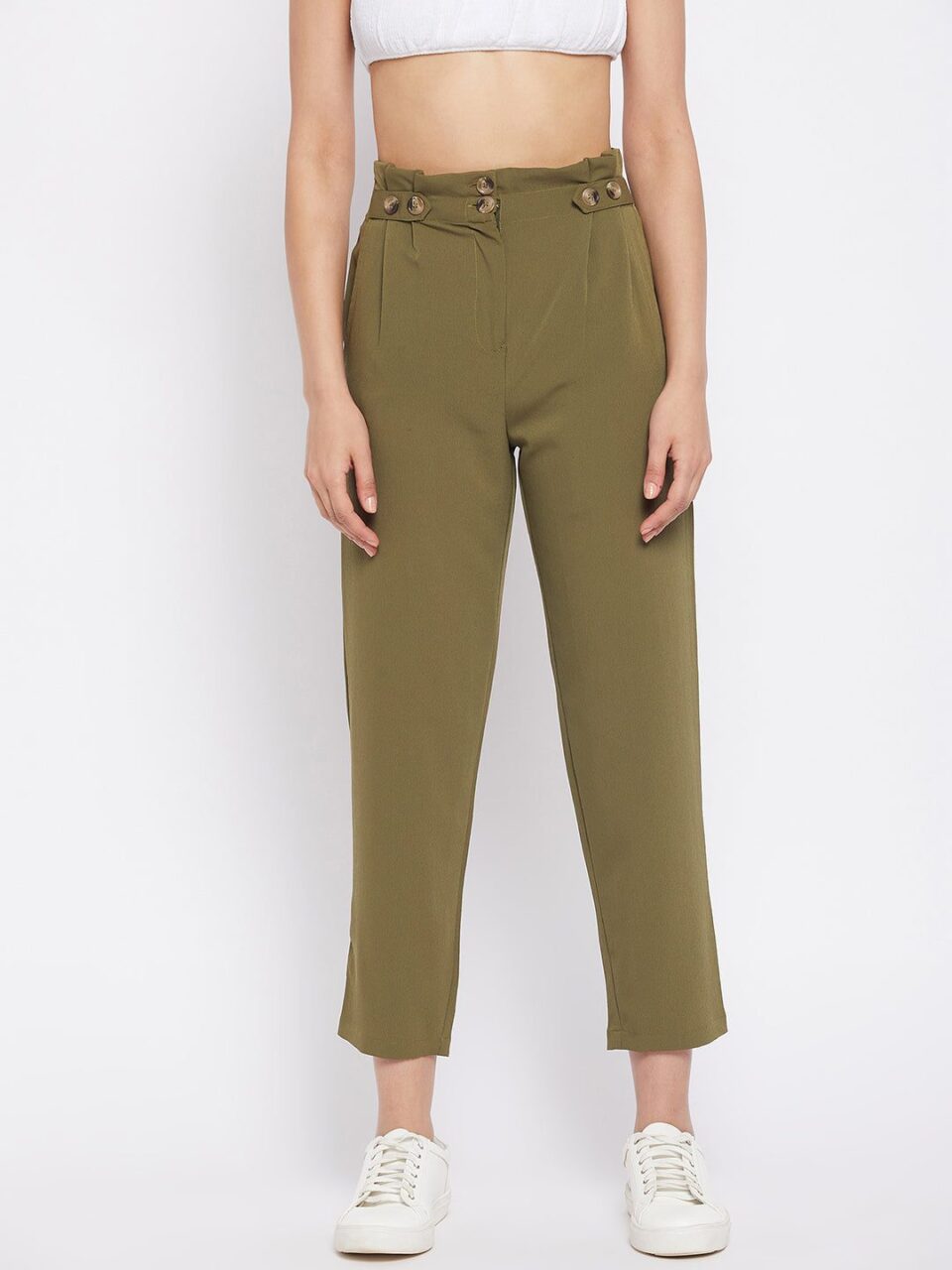 Olive Green Regular Fit Polyester Solid Trouser