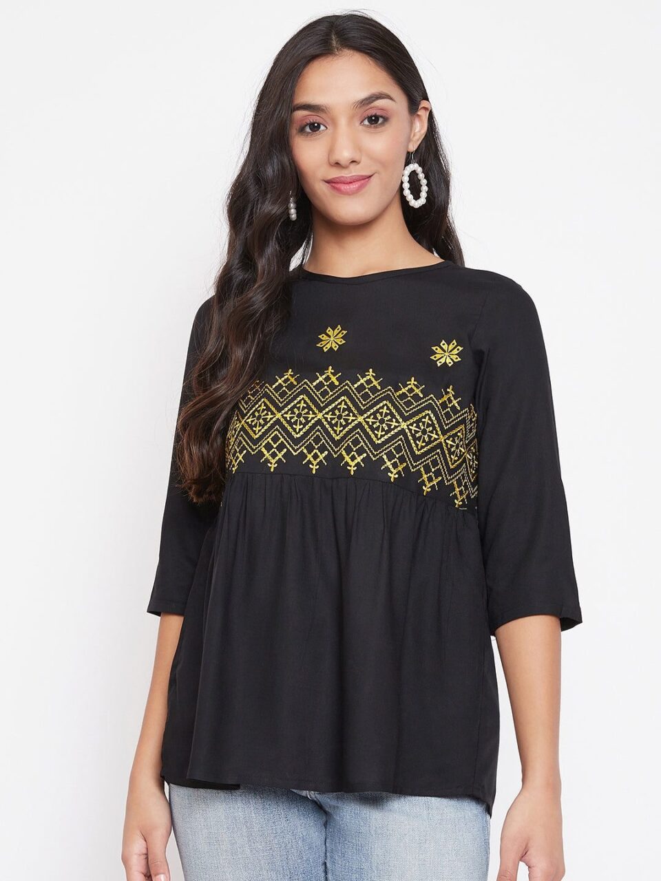 Black Embroidered Rayon Empire Waist Top