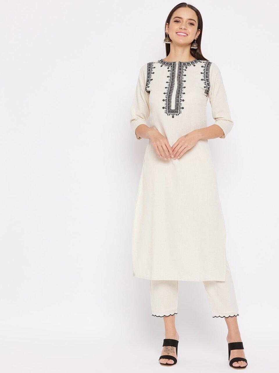 Beige Straight Cotton Embroidered Kurta And Pant Set