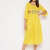 Winered Yellow Gathered Rayon Embroidered Dress