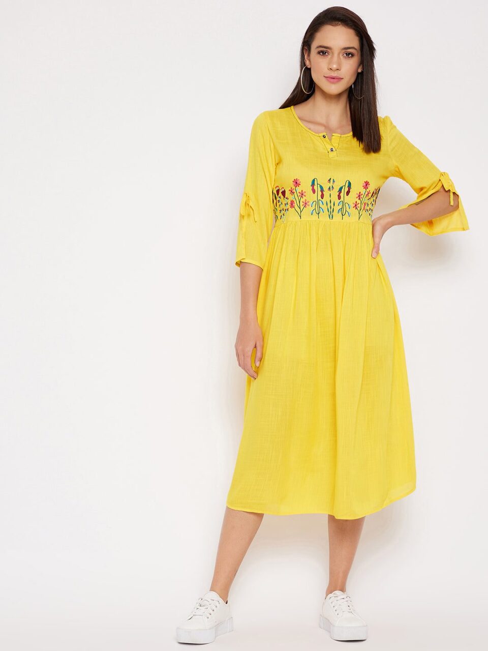 Yellow Gathered Rayon Embroidered Dress