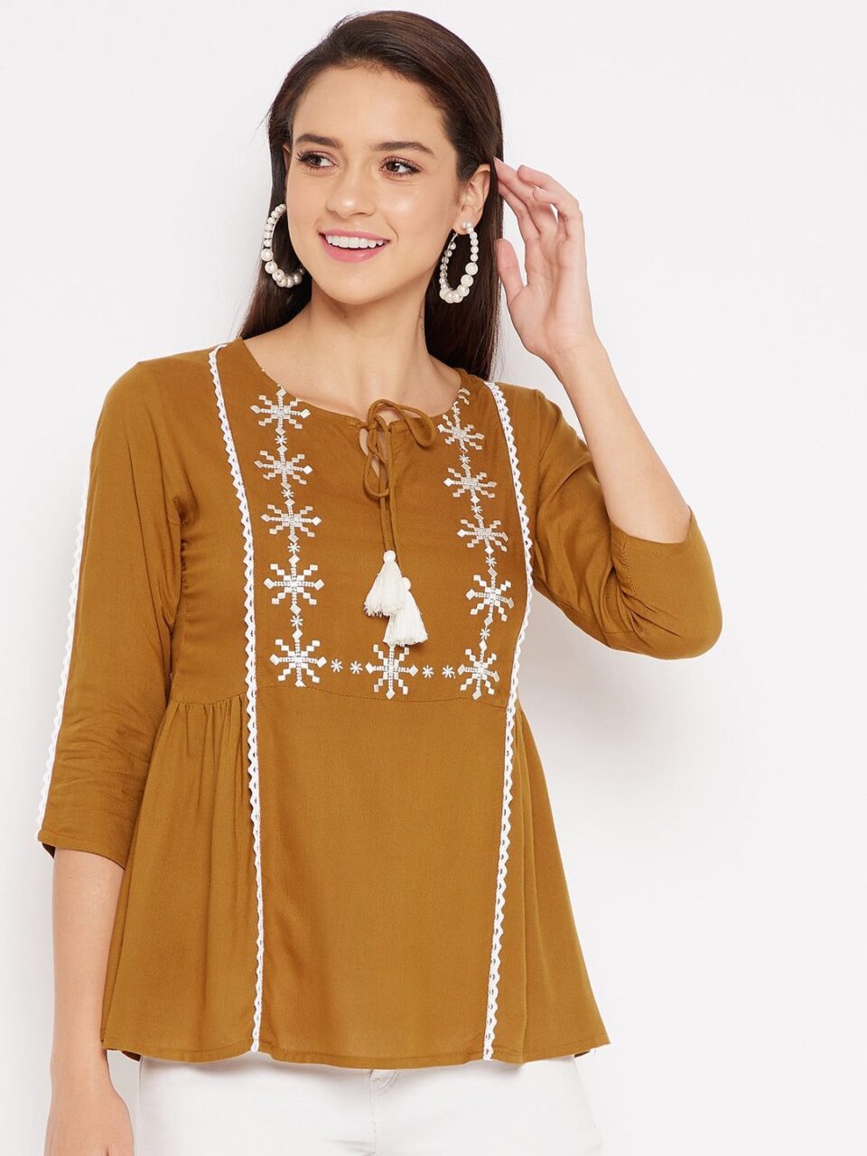 Golden A Line Rayon Embroidered Top