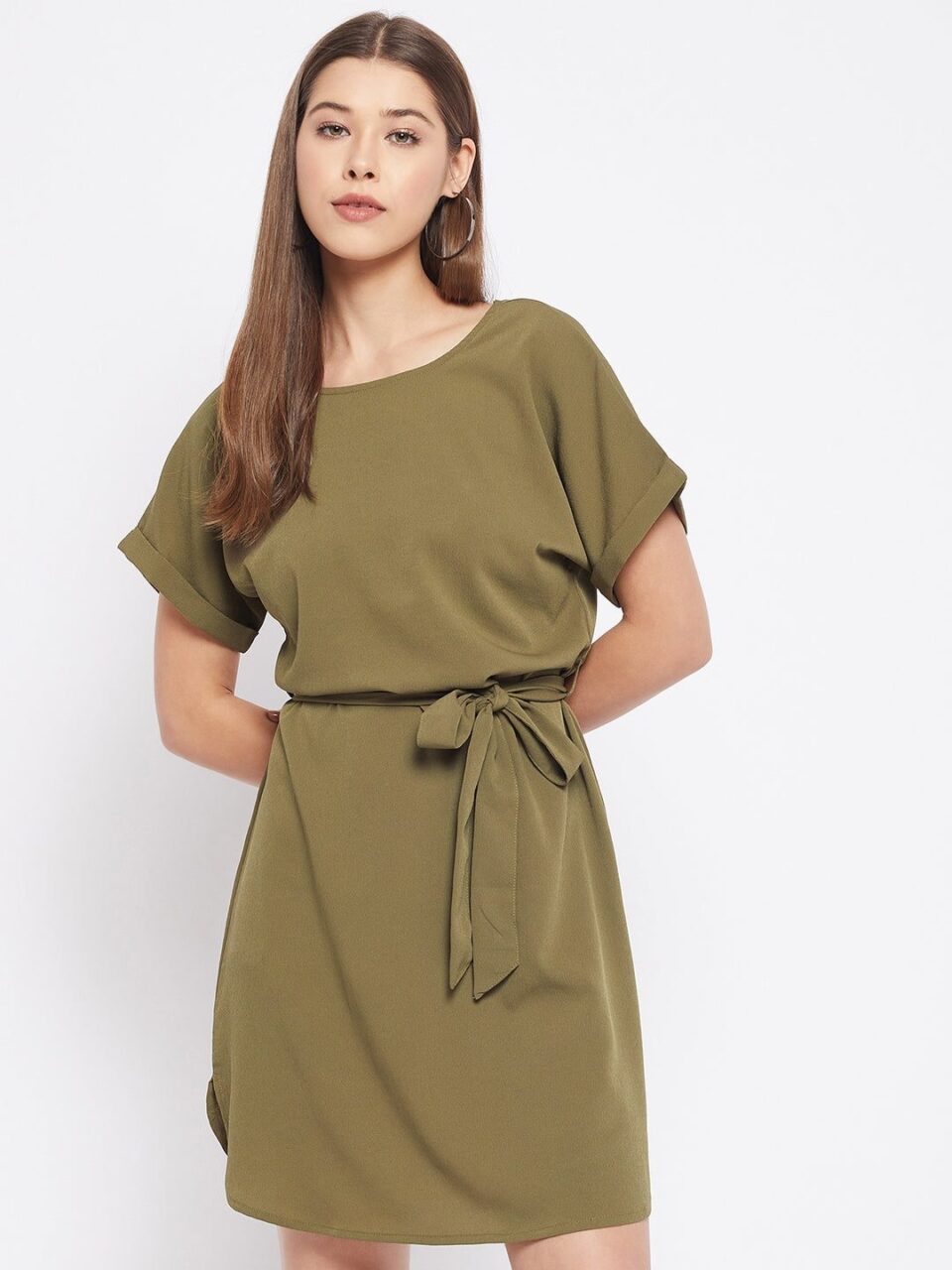 Green Sheath Crepe Solid Dress