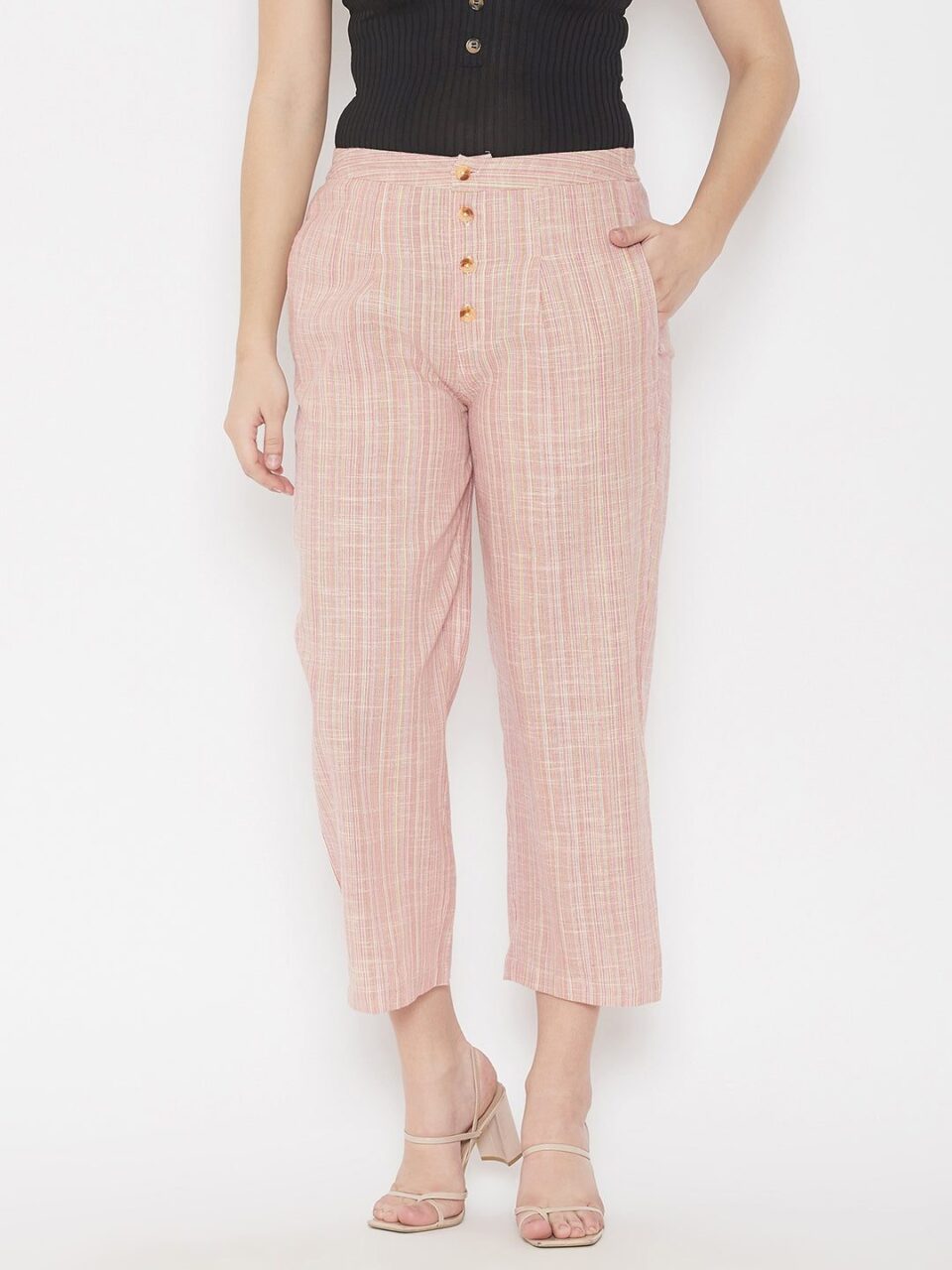 Pink Regular Fit Cotton Texetured Trouser