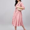 WineRed Pink Zigzag Print Front Knot Dress