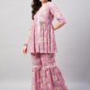 WineRed Woman Pink Floral Print Lace detailing Sharara Set
