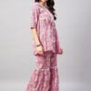 WineRed Woman Pink Floral Print Lace detailing Sharara Set
