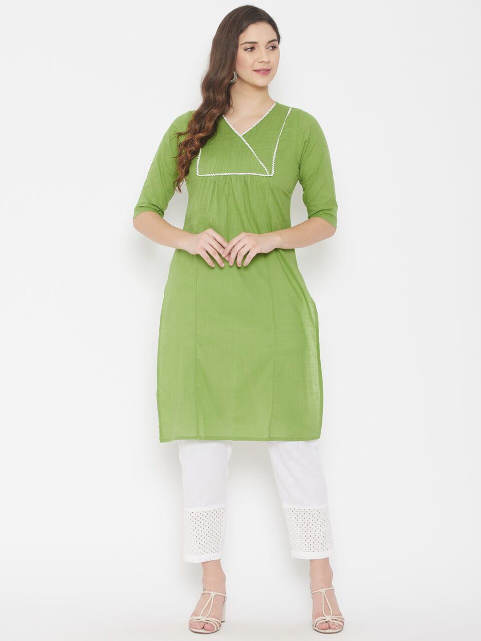 Green Solid Cotton Kurta for Women & Girls Online