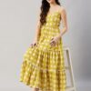 Winered Women Yellow Floral Lace Strap Tiered Dress