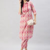 WineRed Woman Pink Geometric Print Collared Neck Embroidered Pathani Kurta Set