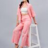 WineRed Woman Pink Schiffli Oversized Shirt and pant Co-ord Set