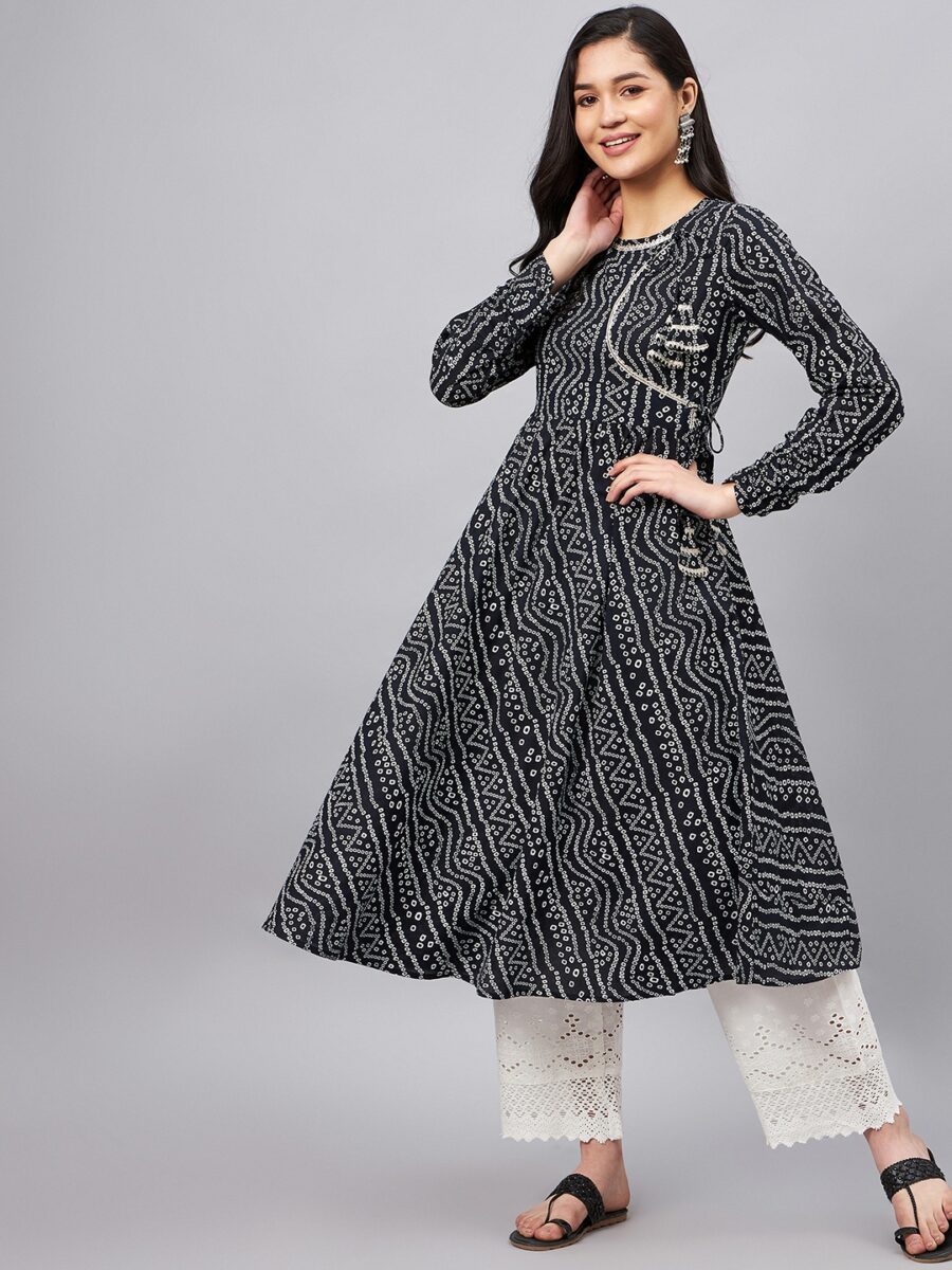Best Black Bandhej Flared Angrakha Kurta for Women and Girls