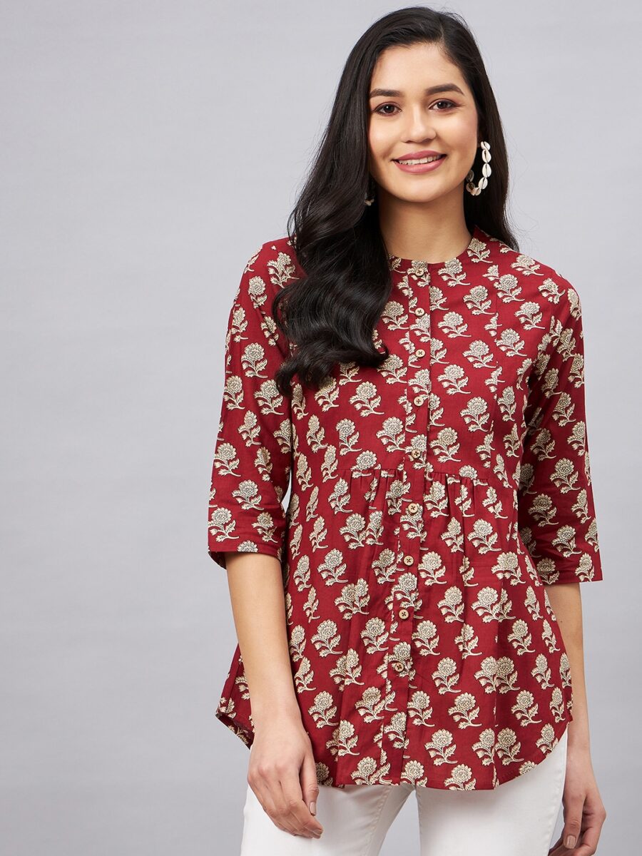Trendy Maroon Floral Front-Opening Tunic Tops for Women