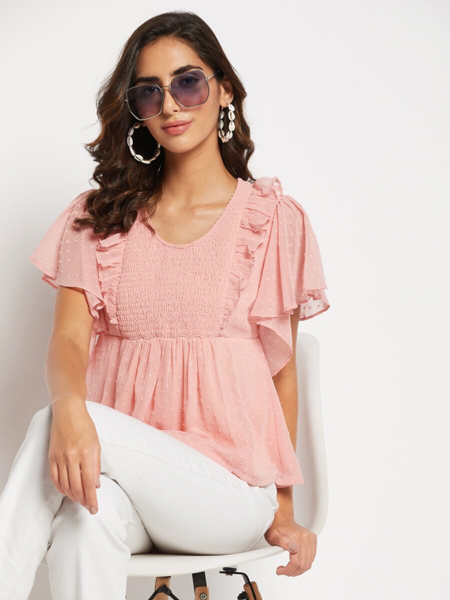 Pink Dobby Smoking Yoke Top - Trendy, Sexy Tops for Girls