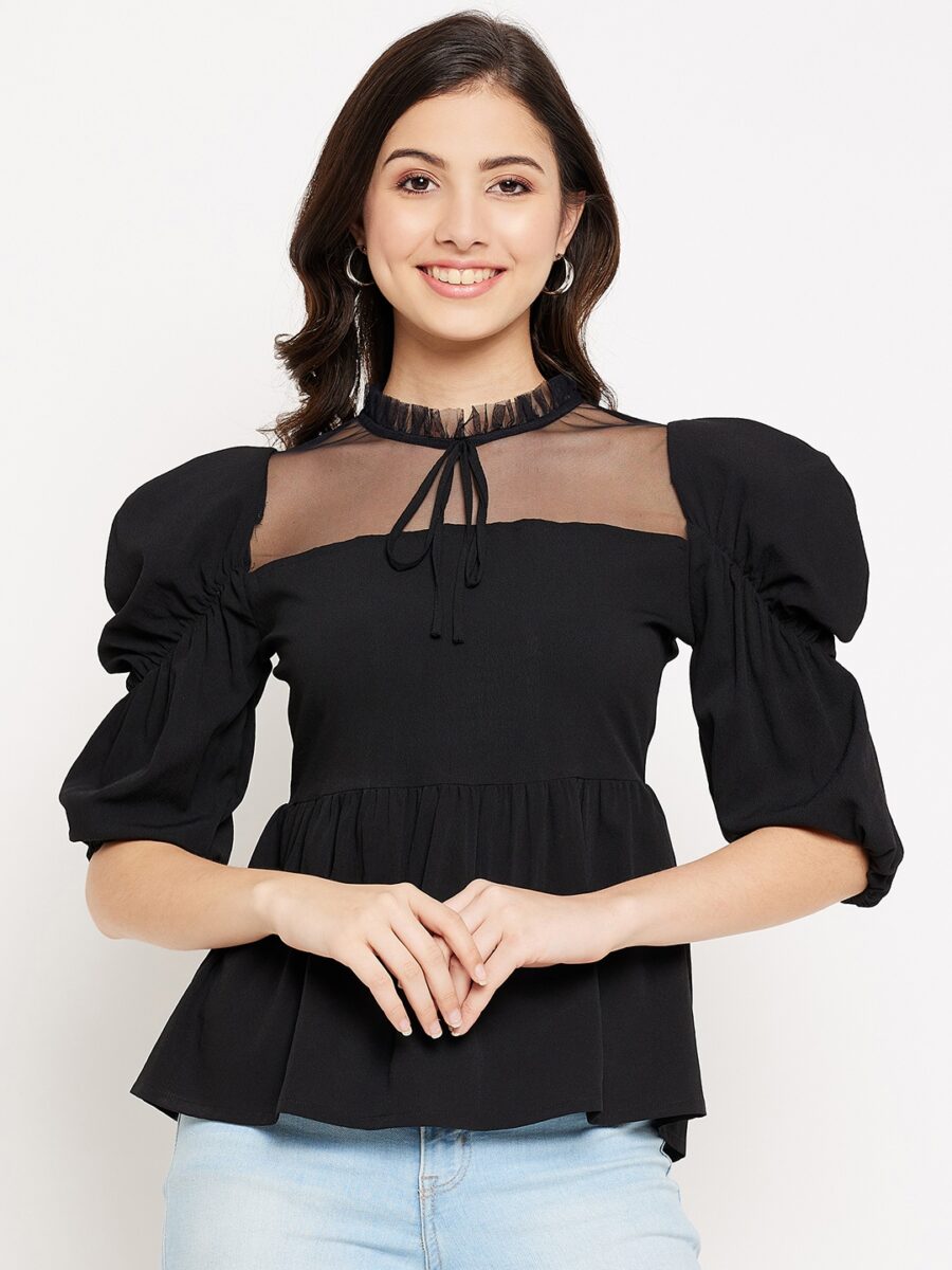Trendy Peplum Top: Women's Shoulder Net Neck Style