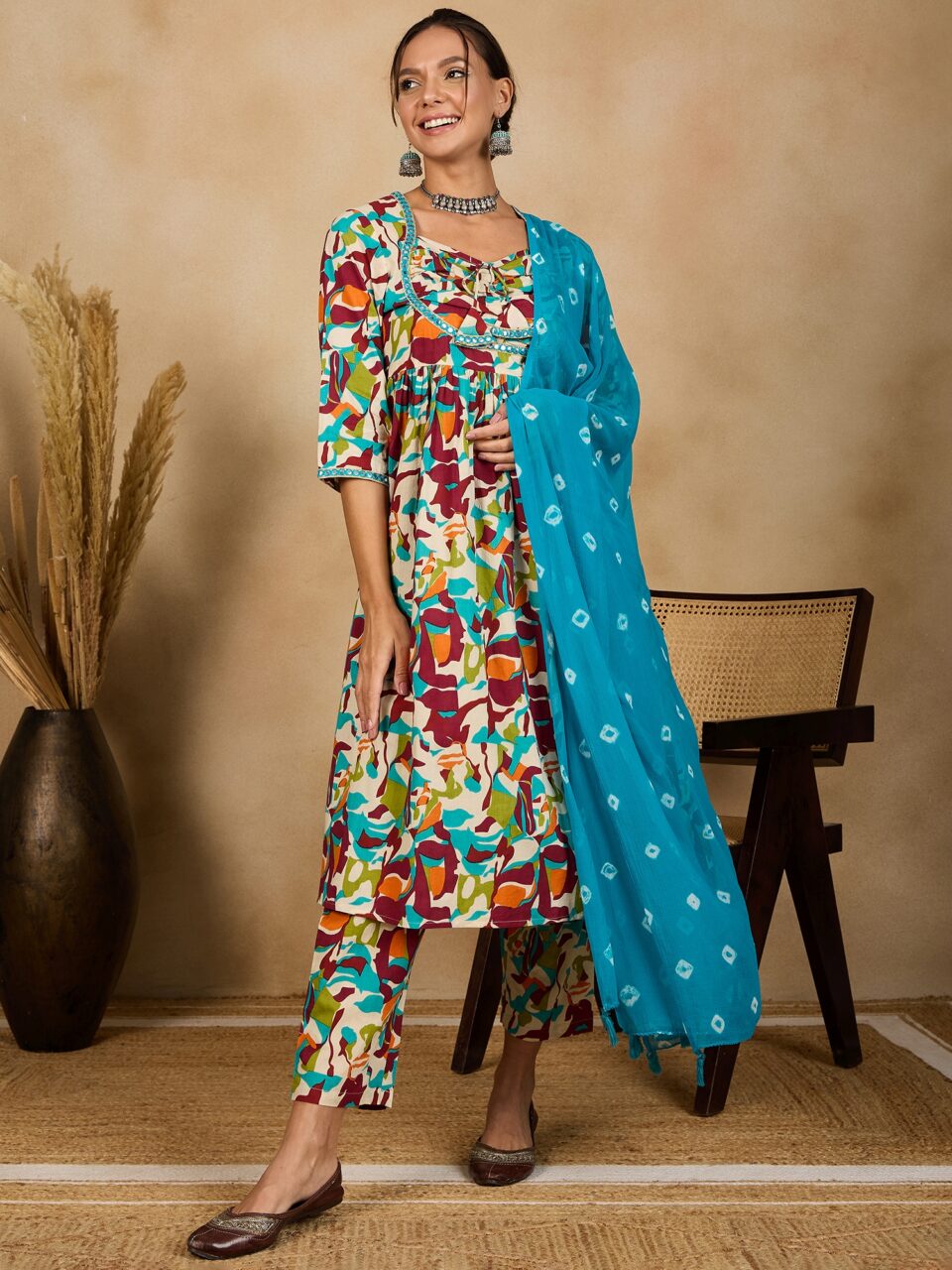 WineRed's Multicolor Abstract Print Ruched Yoke Flare Kurta Set with Dupatta for Women,