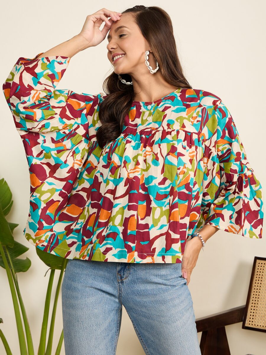 WineRed's Flared Top - Multi-Colored Abstract Print for Women.