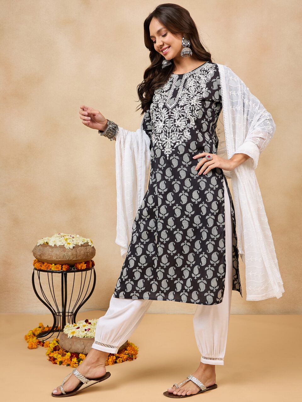 WineRed's Embroidered Neck Straight Black Kurta Set