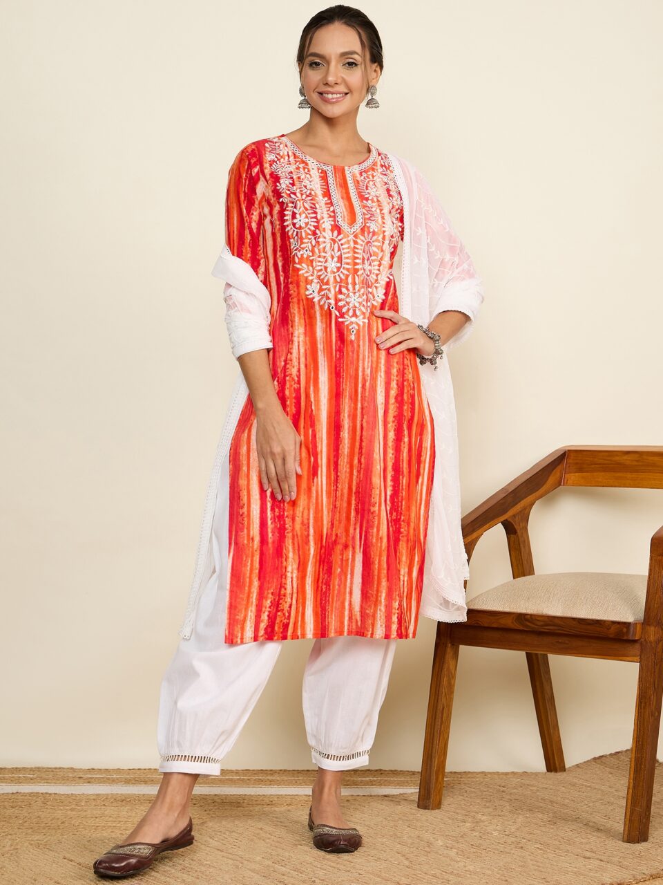 WineRed's Orange Embroidered Neck Straight Kurta set with Dupatta for Women