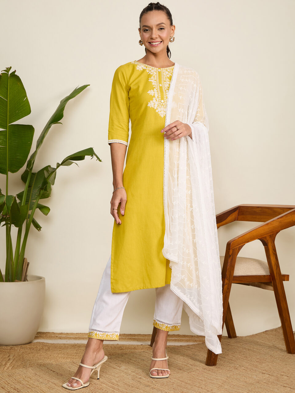 WineRed's Embroidered Yellow Kurta, White Pant & Dupatta Set