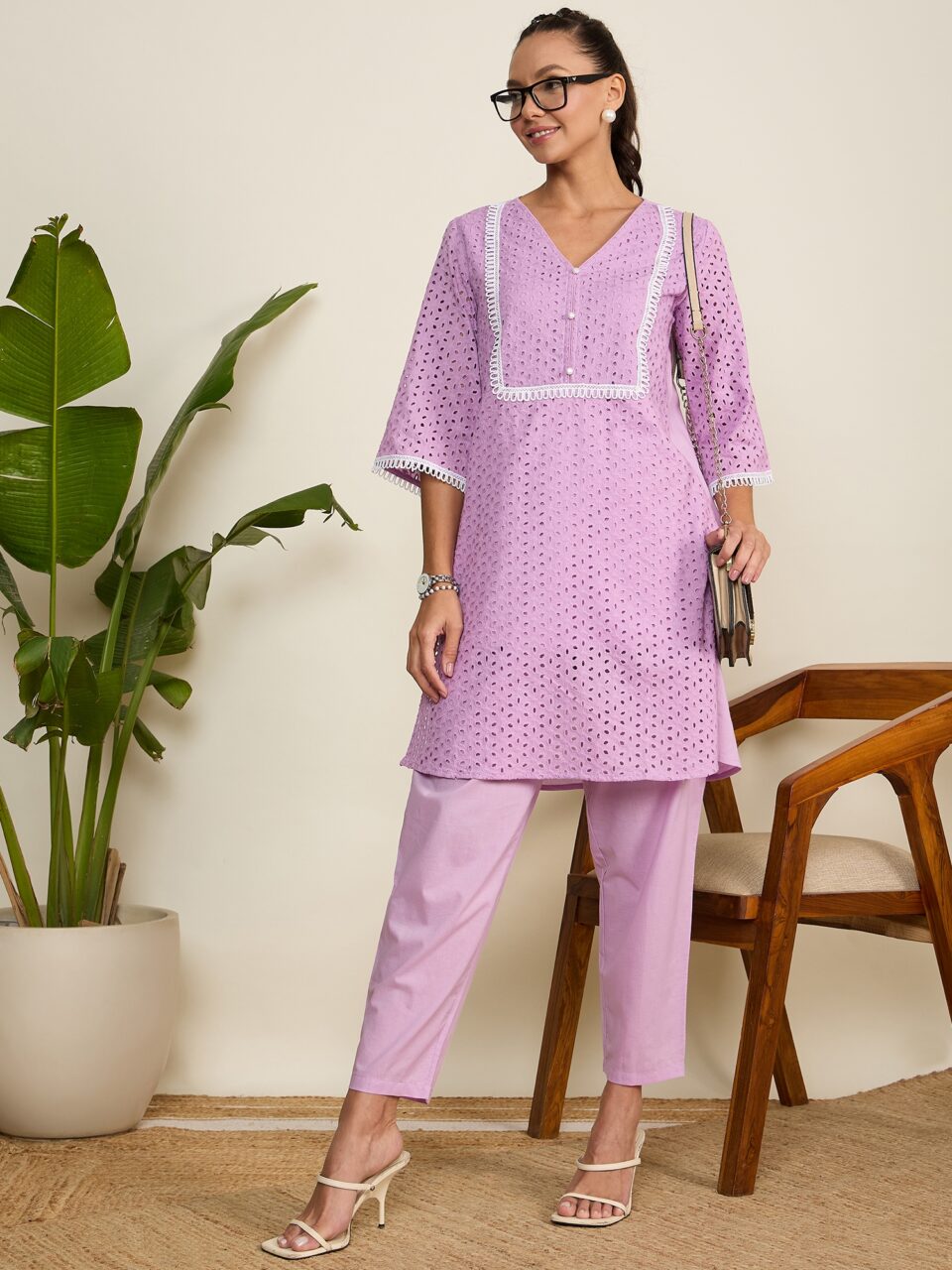 WineRed's Schiffli with Lace Detailing Purple Kurta Set for Women